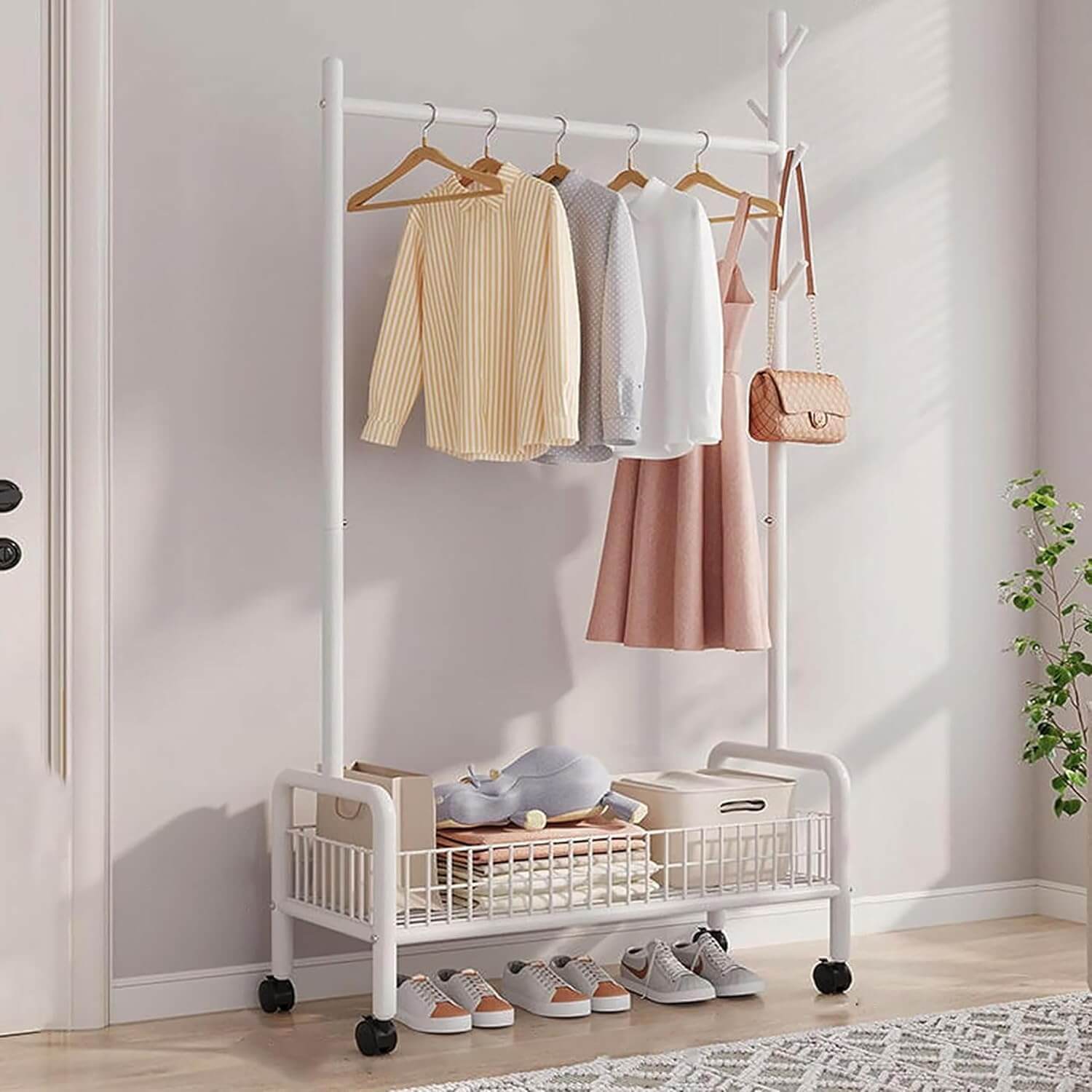 Adjustable Rolling Garment Rack with Storage Shelf 
