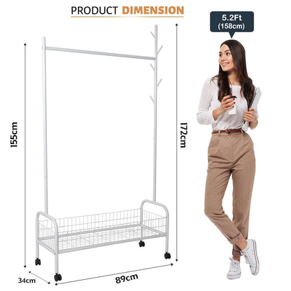 Adjustable Rolling Garment Rack with Storage Shelf 