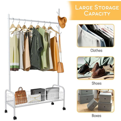 Adjustable Rolling Garment Rack with Storage Shelf 