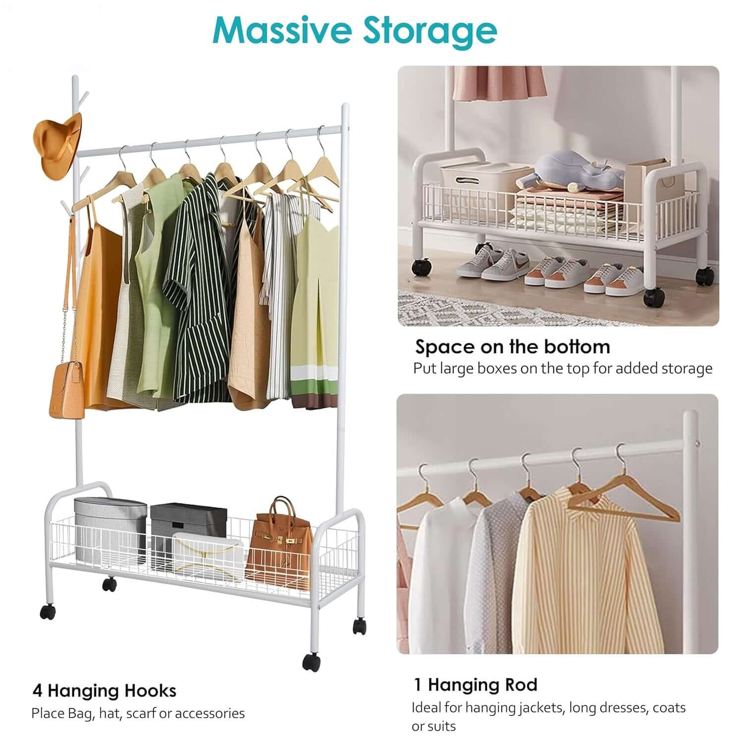 Adjustable Rolling Garment Rack with Storage Shelf 