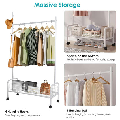 Adjustable Rolling Garment Rack with Storage Shelf 