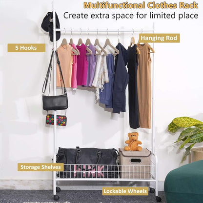 Adjustable Rolling Garment Rack with Storage Shelf 