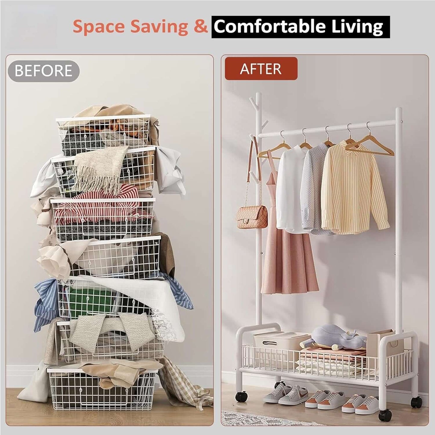 adjustable rolling garment rack with storage shelf 