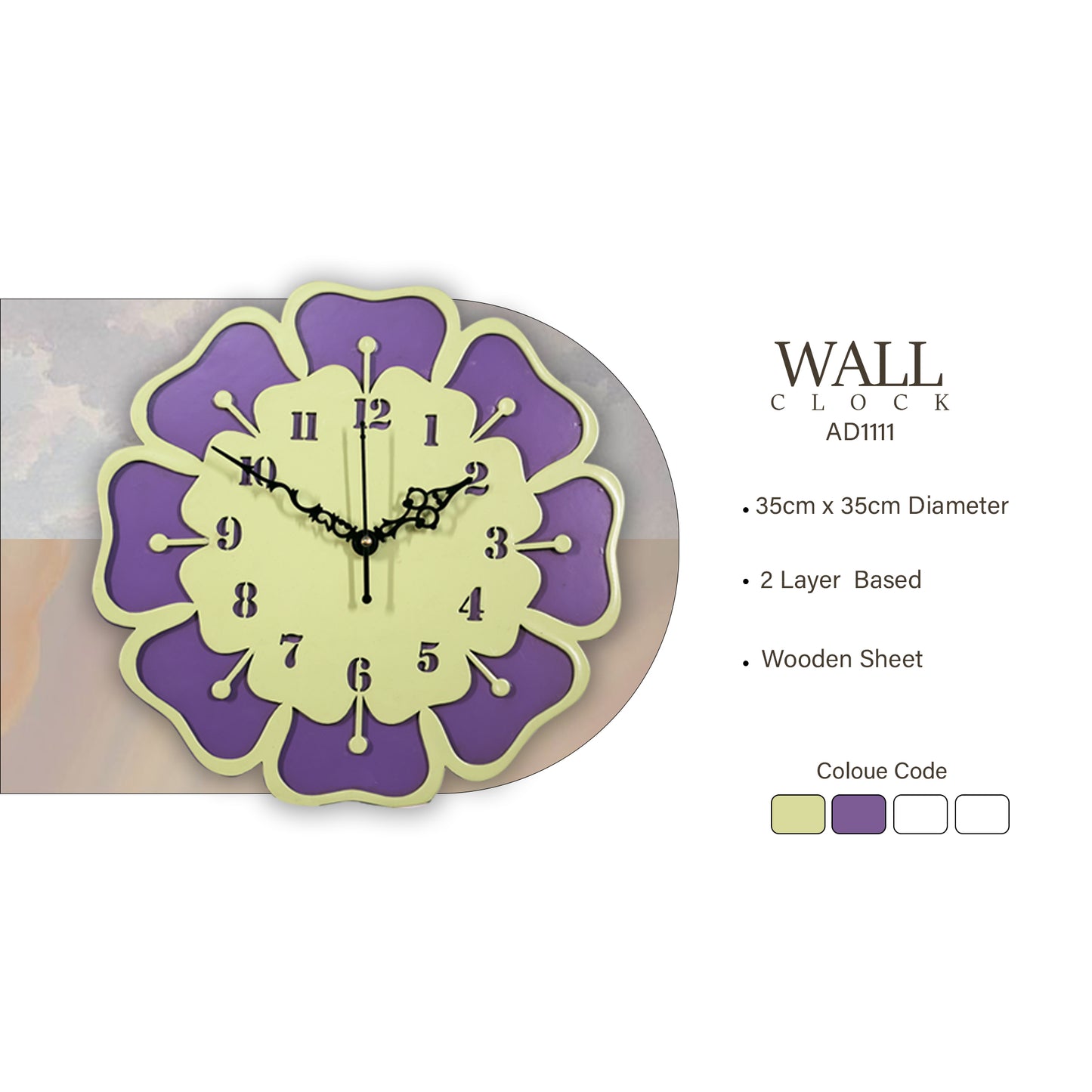 floral wall clock – purple & lime green