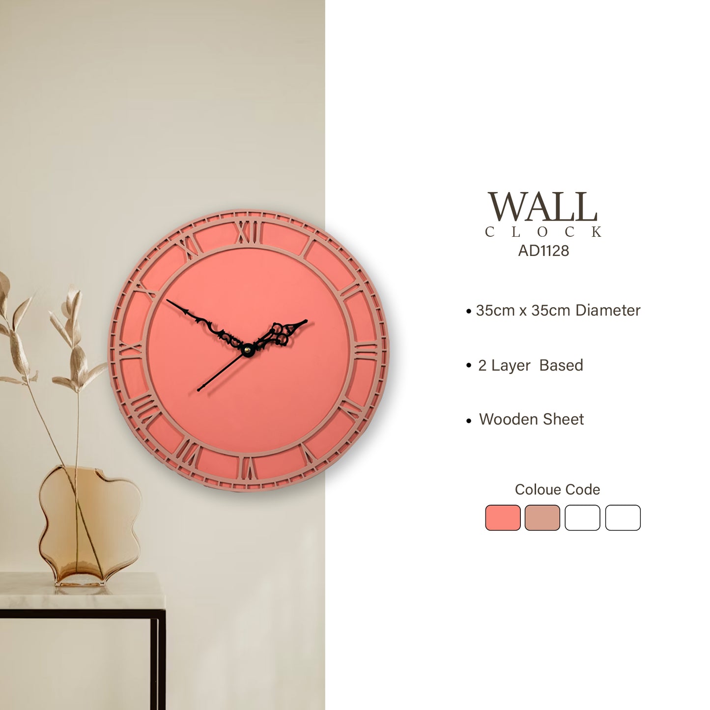 coral wooden wall clock with roman numerals