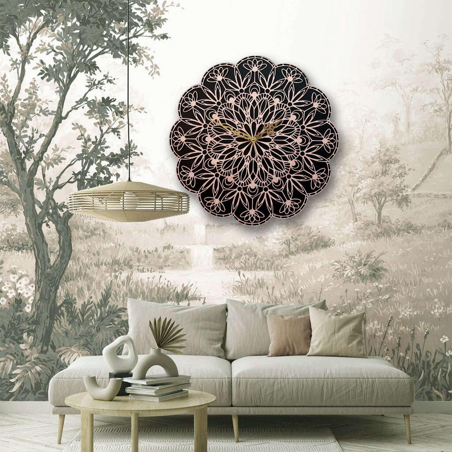 floral mandala wooden wall clock
