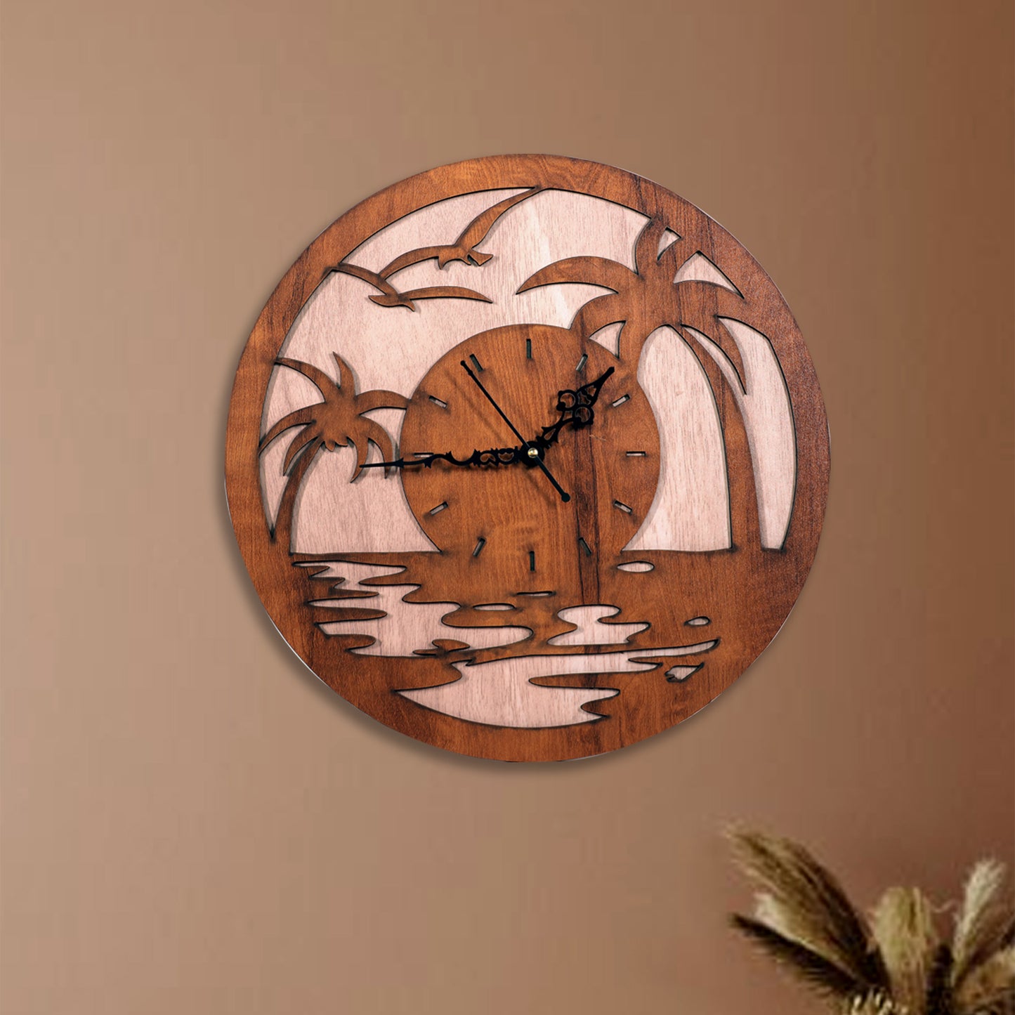 sunset palm tree wooden wall clock