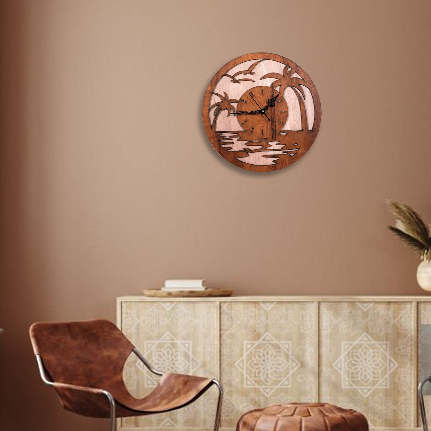 sunset palm tree wooden wall clock