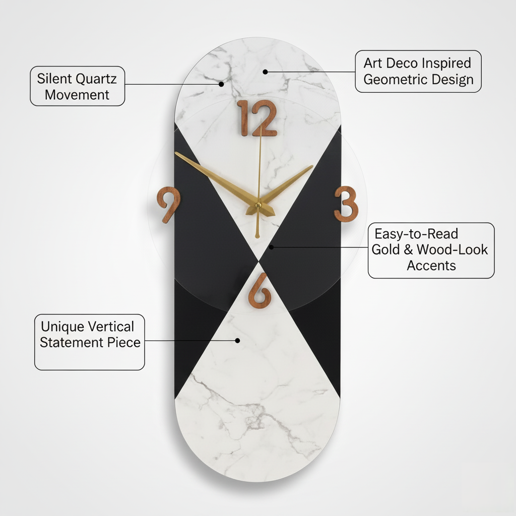 modern marble & black vertical statement wall clock