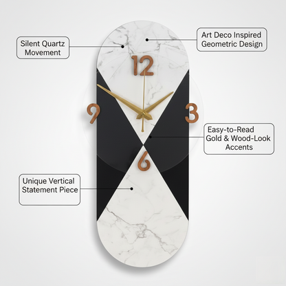 Modern Marble & Black Vertical Statement Wall Clock