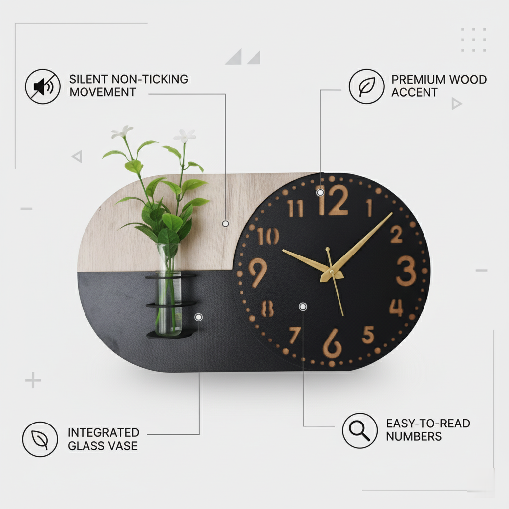 modern wall clock decorative clock for living room, office, bedroom 54x30cm black & wood