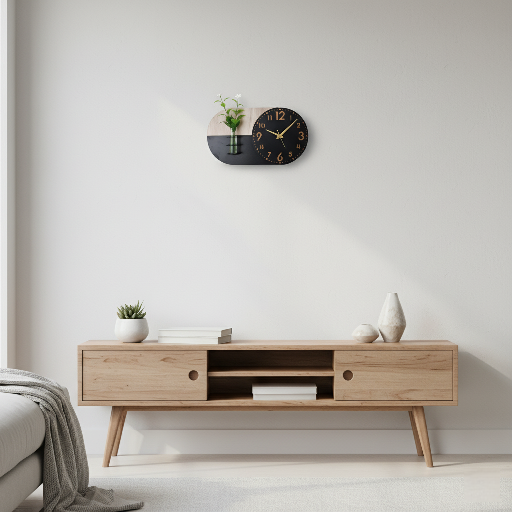 modern wall clock decorative clock for living room, office, bedroom 54x30cm black & wood