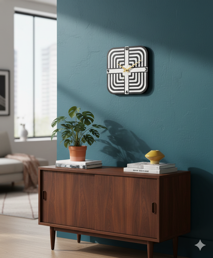 30cm Square Monochrome Maze Wall Clock - Acrylic & MDF Craftsmanship