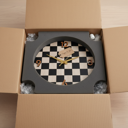 Silent Chessboard Wall Clock | 12-Inch 3D Wooden Numerals