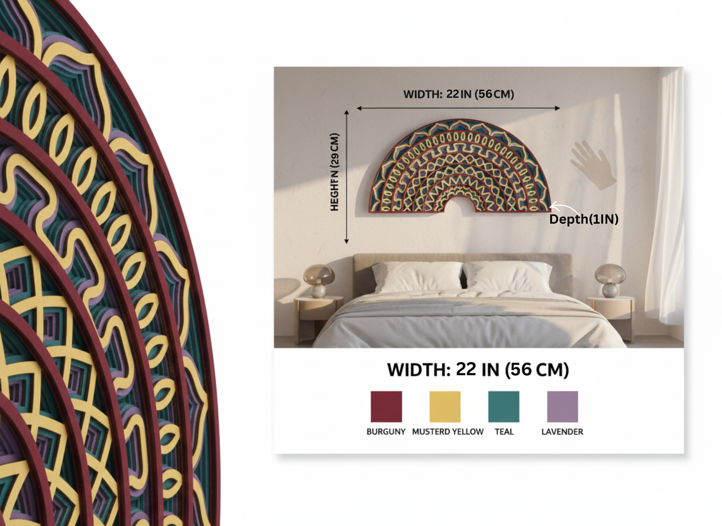 3d multi-layered mandala wood wall art - 29 x 55 cm half moon headboard decor (teal & burgundy