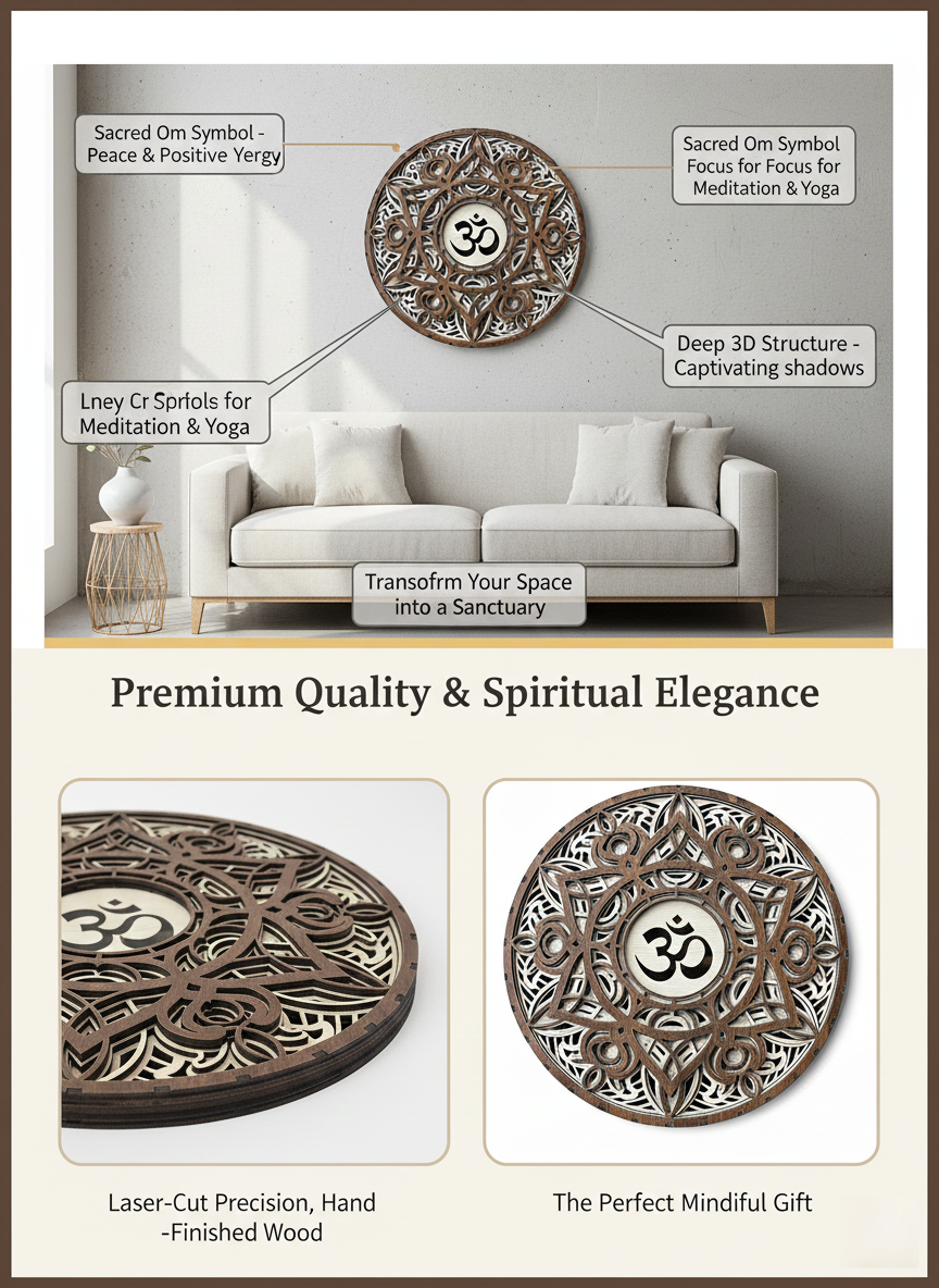 3d layered om mandala wooden wall art – 30cm handcrafted mdf spiritual decor for home & meditation room