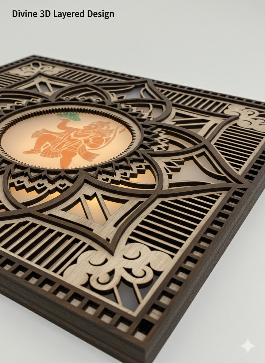 divine 3d layered hanuman mandala wall art | intricate laser-cut wooden temple decor multicolor light with remote control| 30 x 30 cm