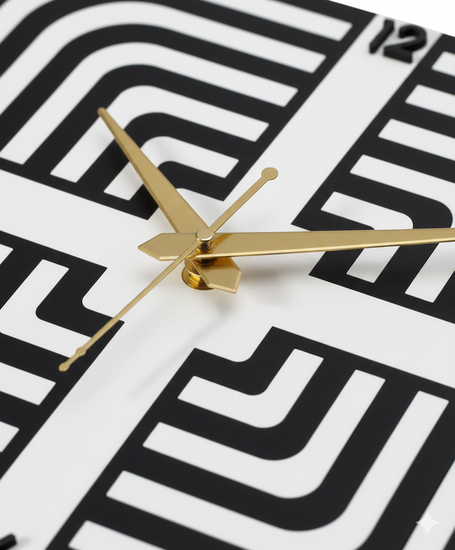 30cm square monochrome maze wall clock - acrylic & mdf craftsmanship