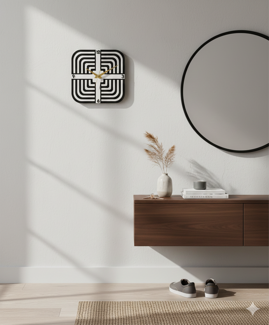30cm square monochrome maze wall clock - acrylic & mdf craftsmanship
