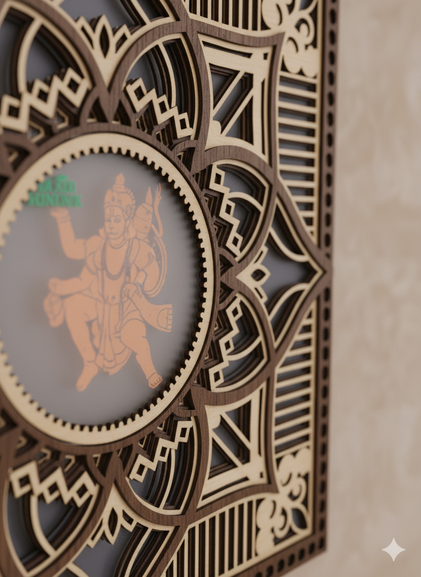 divine 3d layered hanuman mandala wall art | intricate laser-cut wooden temple decor multicolor light with remote control| 30 x 30 cm