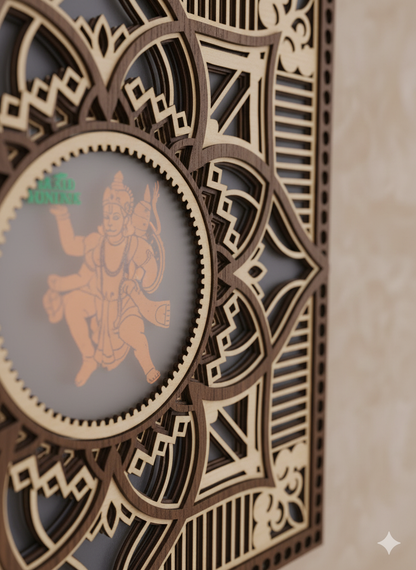 Divine 3D Layered Hanuman Mandala Wall Art | Intricate Laser-Cut Wooden Temple Decor Multicolor light with Remote Control| 30 x 30 cm