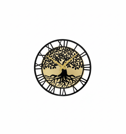Tree of Life Roman Numeral Wall Clock - 12-Inch Luxury Gold & Black Acrylic Wall Decor