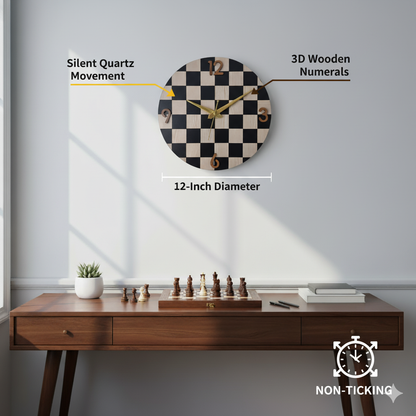 Silent Chessboard Wall Clock | 12-Inch 3D Wooden Numerals