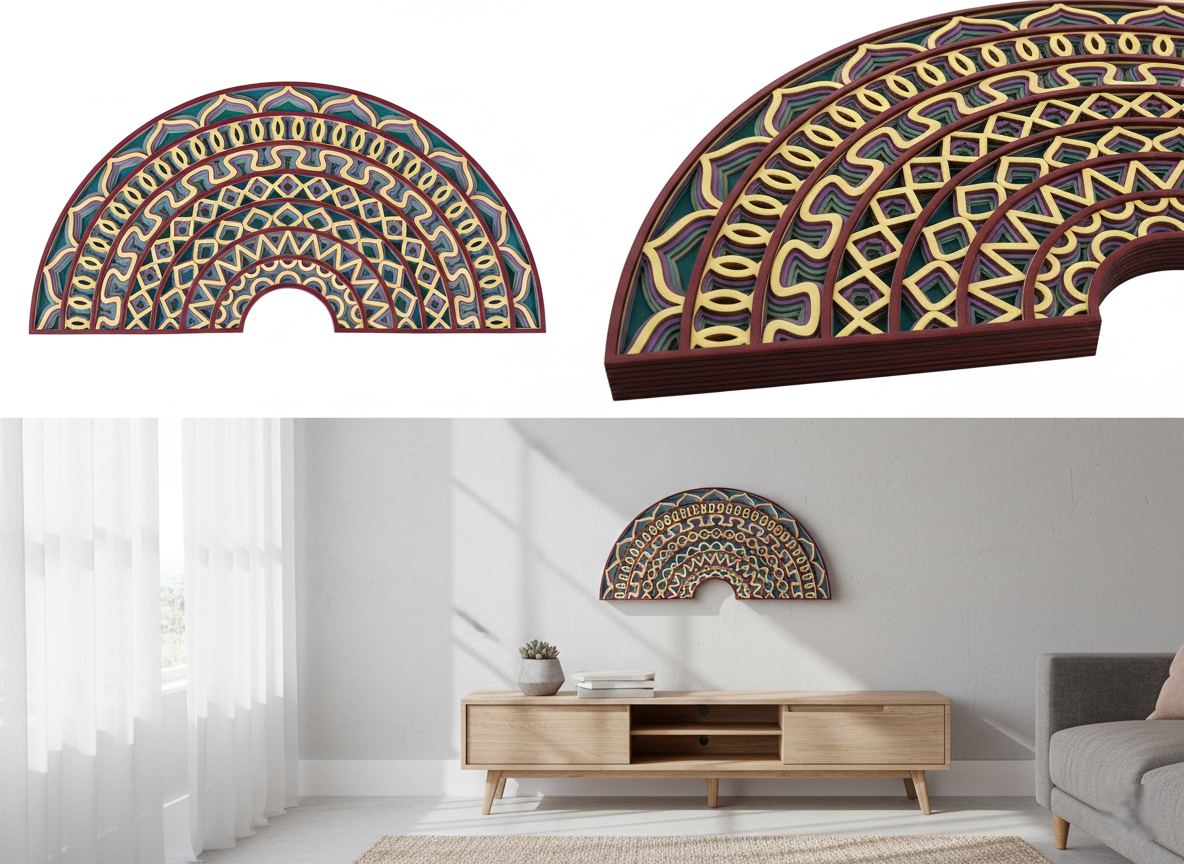 3d multi-layered mandala wood wall art - 29 x 55 cm half moon headboard decor (teal & burgundy