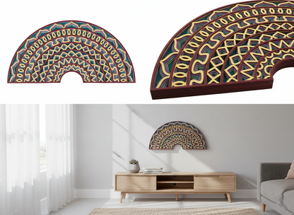3D Multi-Layered Mandala Wood Wall Art - 29 X 55 CM Half Moon Headboard Decor (Teal & Burgundy