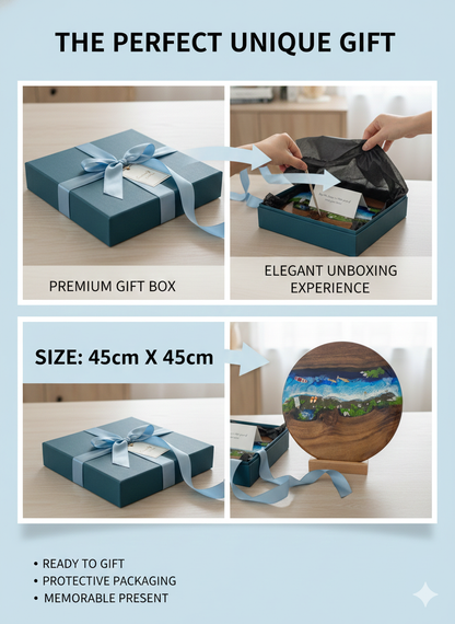 18 IN" Round Ocean Resin Wall Art - Natural Wood & Blue Coastal Beach