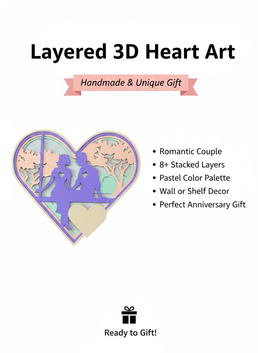 handcrafted 3d layered wooden heart wall art