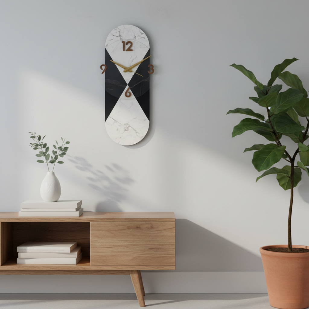 modern marble & black vertical statement wall clock