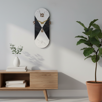 Modern Marble & Black Vertical Statement Wall Clock