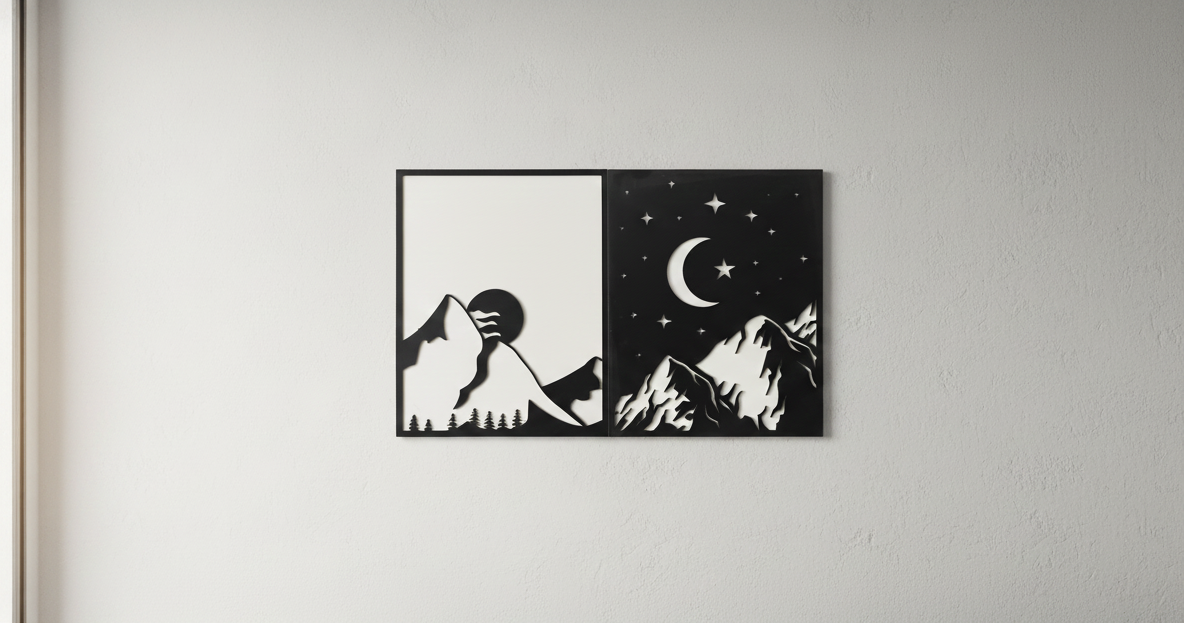 day and night mountain peaks - 2-piece 3d layered wooden wall art set (23" x 14" in)