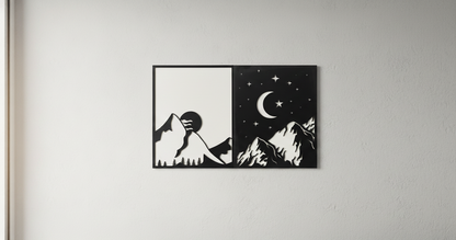 Day and Night Mountain Peaks - 2-Piece 3D Layered Wooden Wall Art Set (23" x 14" IN)