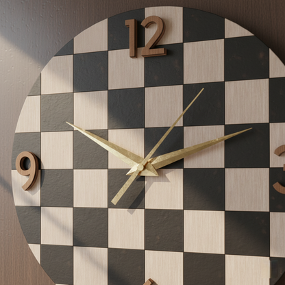 Silent Chessboard Wall Clock | 12-Inch 3D Wooden Numerals