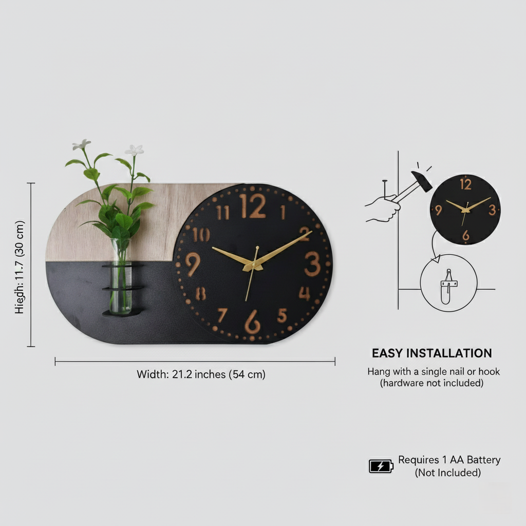 modern wall clock decorative clock for living room, office, bedroom 54x30cm black & wood