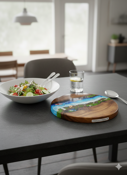 18 IN" Round Ocean Resin Wall Art - Natural Wood & Blue Coastal Beach