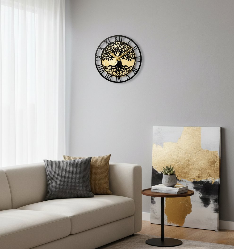 tree of life roman numeral wall clock - 12-inch luxury gold & black acrylic wall decor