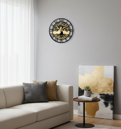 Tree of Life Roman Numeral Wall Clock - 12-Inch Luxury Gold & Black Acrylic Wall Decor