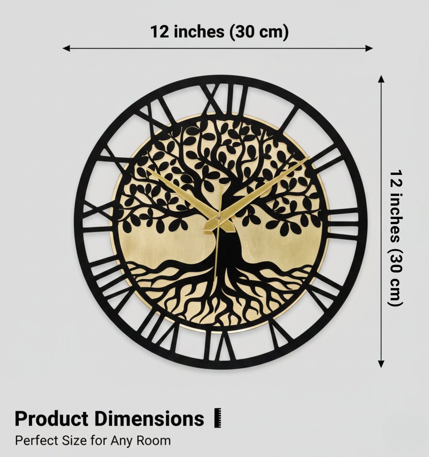 tree of life roman numeral wall clock - 12-inch luxury gold & black acrylic wall decor