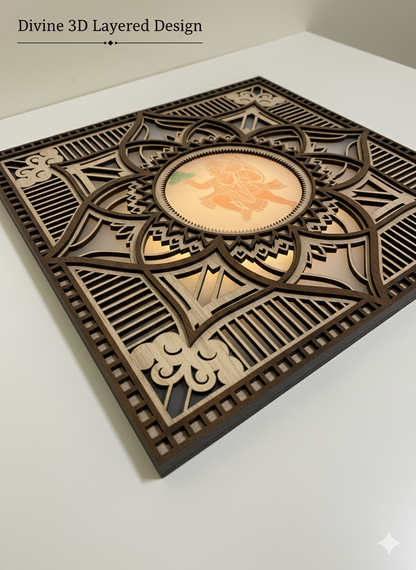 Divine 3D Layered Hanuman Mandala Wall Art | Intricate Laser-Cut Wooden Temple Decor Multicolor light with Remote Control| 30 x 30 cm