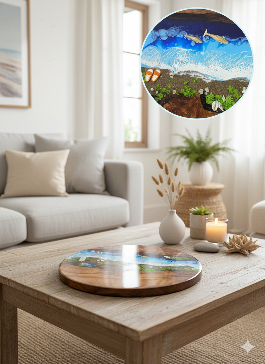 18 in" round ocean resin wall art - natural wood & blue coastal beach