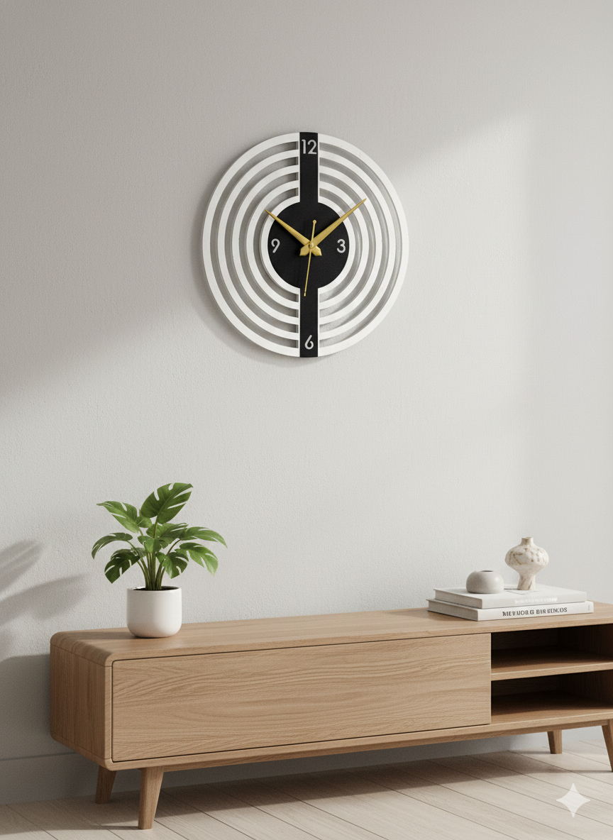 modern geometric 3d wall clock – 30cm round acrylic & mdf wood silent timepiece with natural backlight