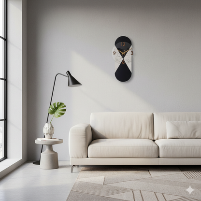 Modern Hourglass Design Black & Marble Wall Clock 50cm X 19cm