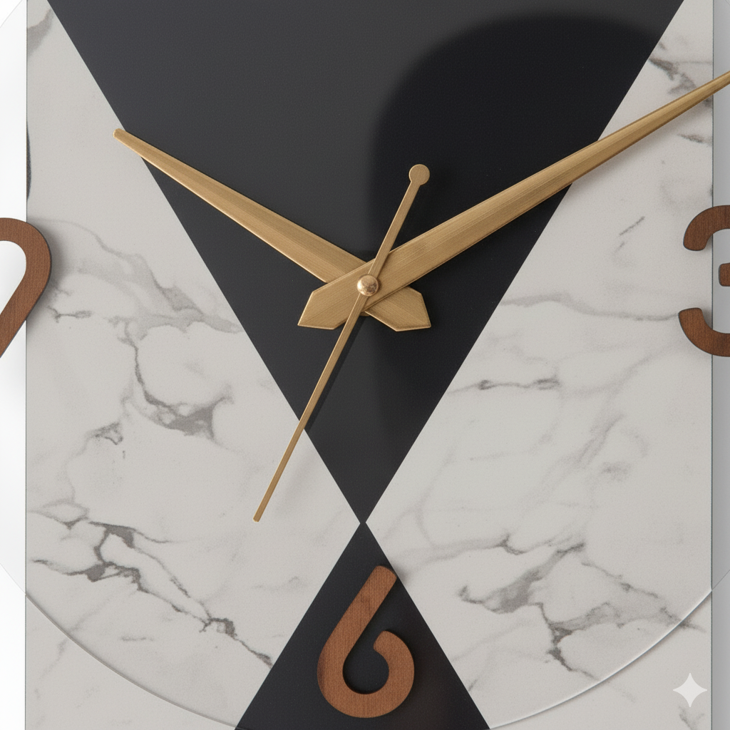 modern hourglass design black & marble wall clock 50cm x 19cm