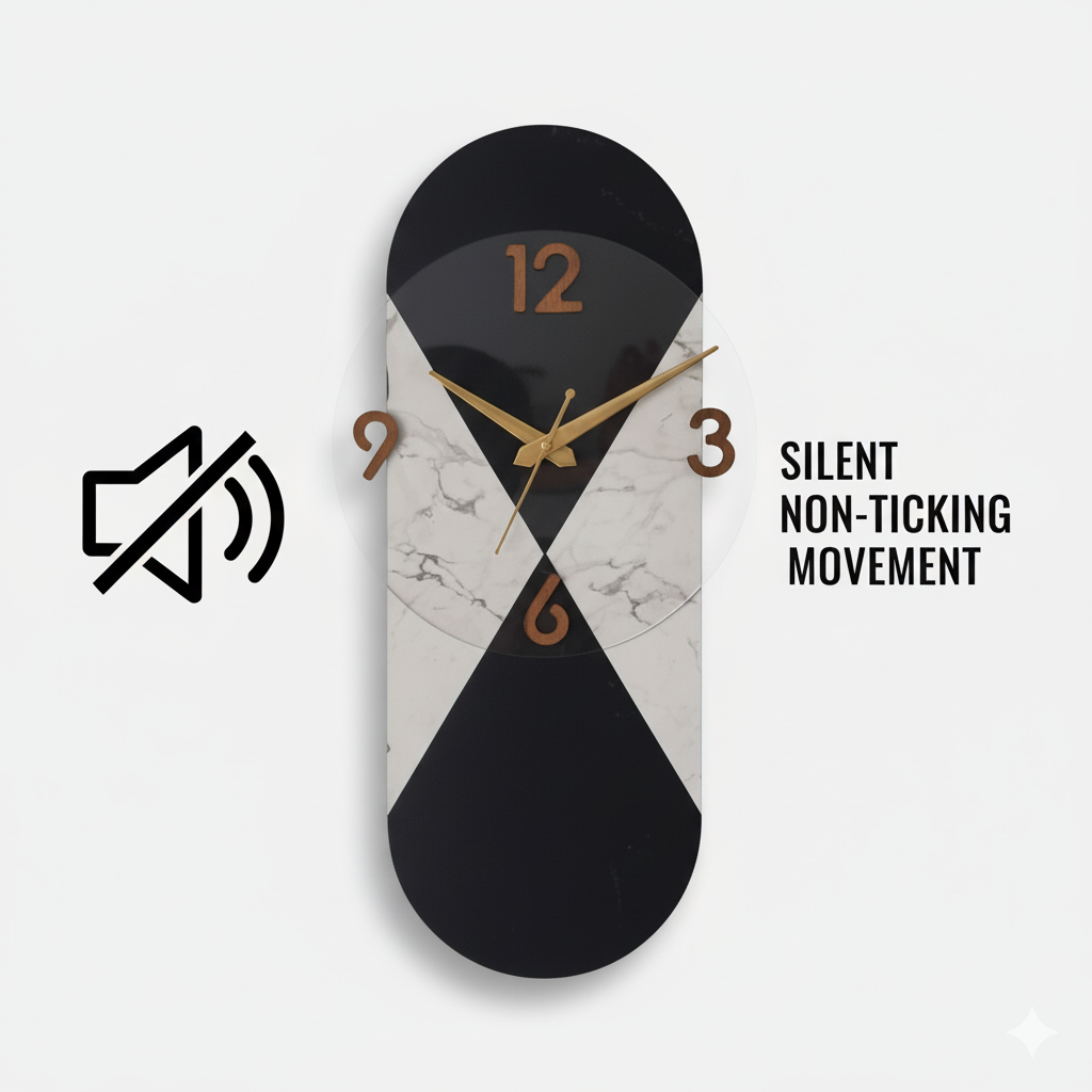 modern hourglass design black & marble wall clock 50cm x 19cm