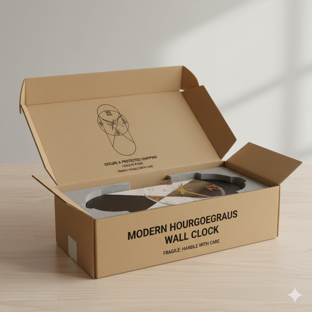 modern hourglass design black & marble wall clock 50cm x 19cm