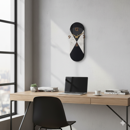 Modern Hourglass Design Black & Marble Wall Clock 50cm X 19cm