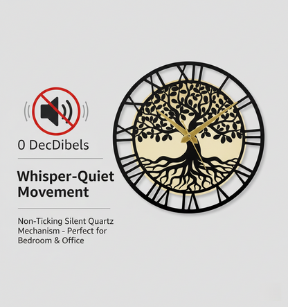 Tree of Life Roman Numeral Wall Clock - 12-Inch Luxury Gold & Black Acrylic Wall Decor